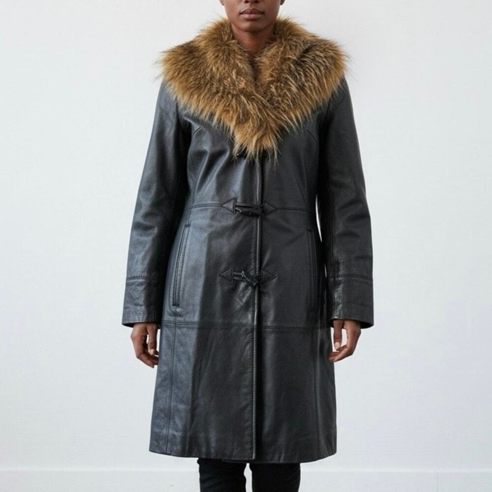 Vintage Terry Lewis Black Leather Coat Faux fur removable collar Size Women’s XS